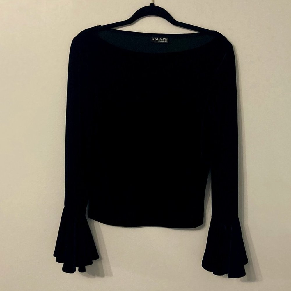 Vintage 90s Y2K Black Velour Shirt with Bell Sleeves Medium Spooky Witchcore
